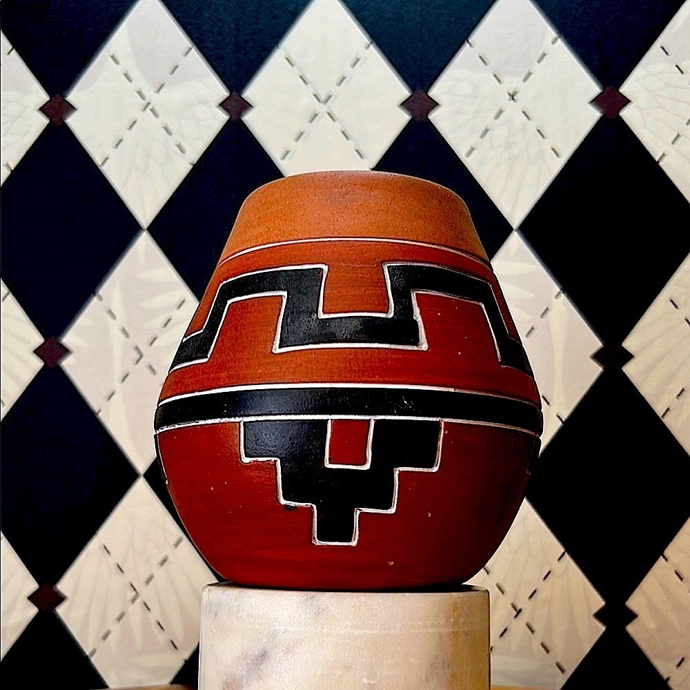 Vintage Redware Folk Pottery Vase Hand-Painted Geometric Tribal Design Primitive - Picture 1 of 8